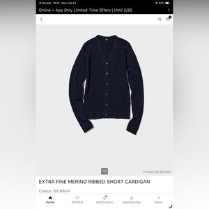 Final Price- No Offers! Uniqlo Navy Merino V-Neck Cardigan